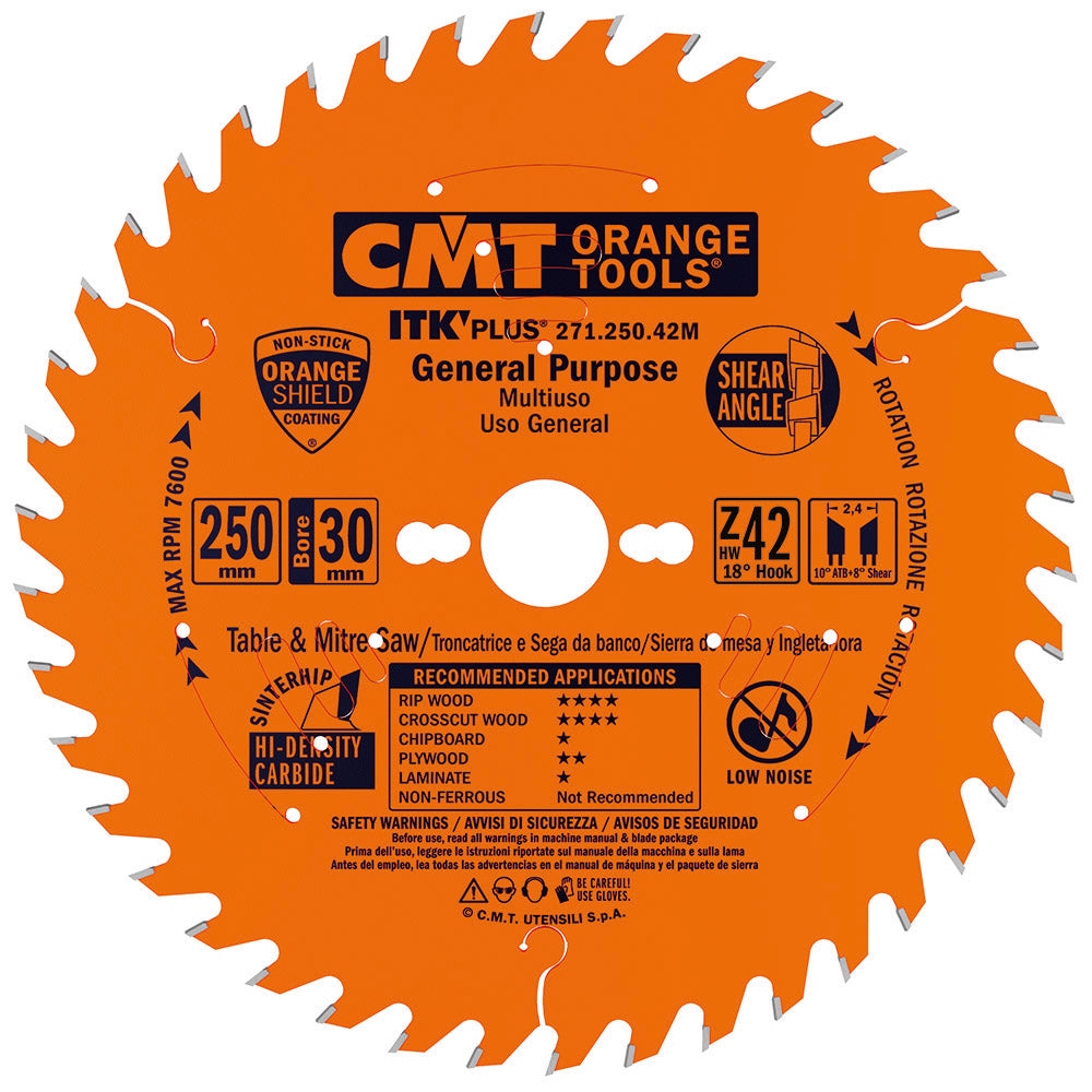 CMT 271.250.42M - Lama sega Circolare Itk-Plus D=250mm Z=42 per Taglio lungo e traverso vena - CSC Utensili