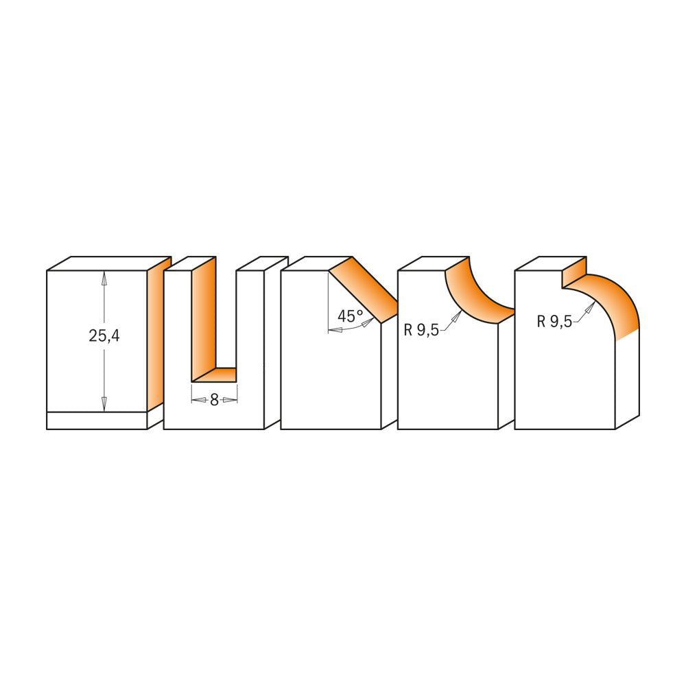 CMT 700.005.03 - Set 5 frese diritte e profilate hw per legno gambo Ø6 mm - CSC Utensili