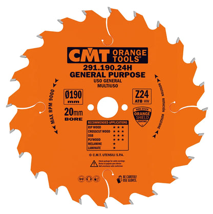 CMT 291.190.24H - Lama circolare per taglio lungo e traverso vena  D=190mm Z=24 Foro=20mm