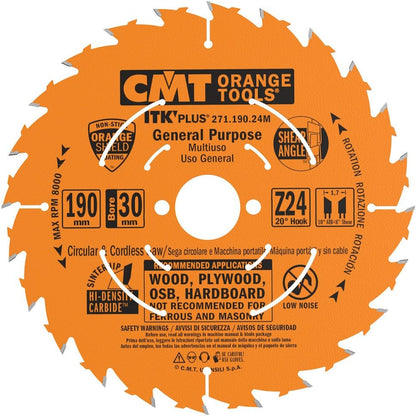 CMT 271.190.24M - Lama sega Circolare Itk-Plus D=190mm Z=24 per Taglio lungo e traverso vena - CSC Utensili
